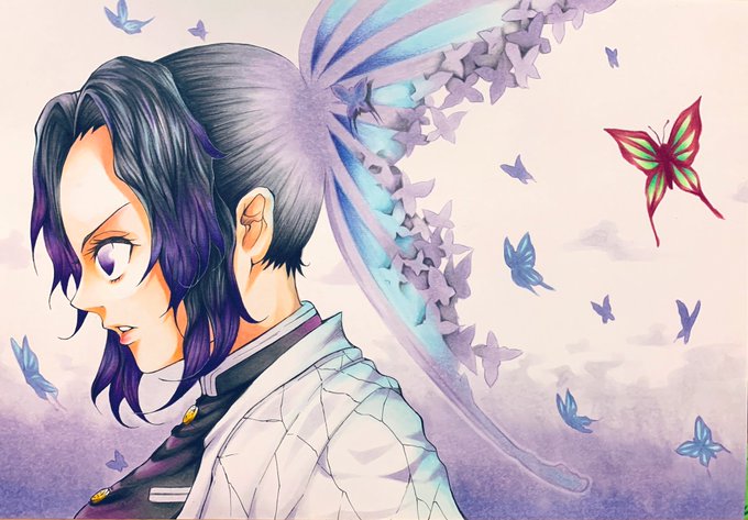 ちぇりぶろ🌸🐻さんがTwitterに投稿した胡蝶しのぶ(鬼滅の刃)のイラスト。