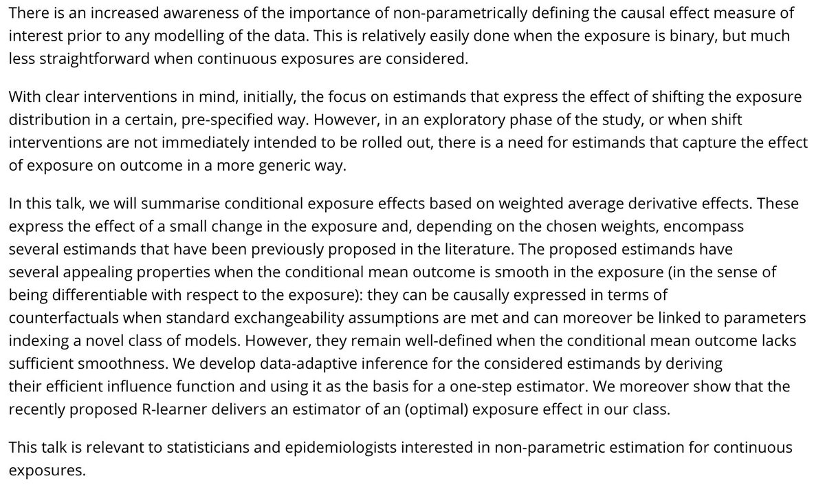 Weds 2nd June at 4pm UK time, join us for the full version of  <a href="/TheEuroCIM/">EuroCIM</a> talk "Parameterising and inferring the effect of a continuous exposure using average derivative effects" by <a href="/hines8/">Ollie Hines</a>  (abstract in picture).  #causalinference 
Zoom link lshtm.zoom.us/j/96892759802