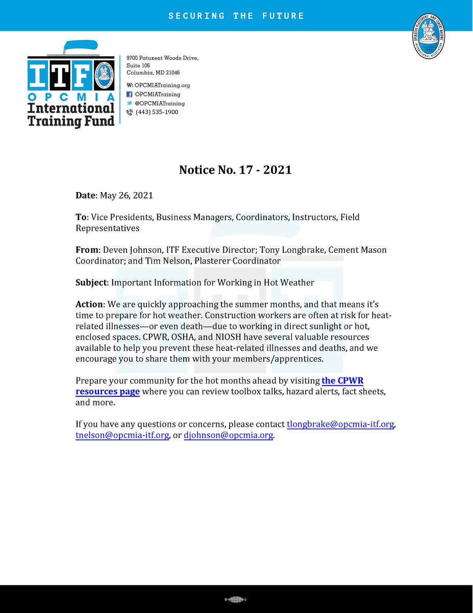 OPCMIATraining's tweet photo. We are quickly approaching the summer months, and that means it’s time to prepare for hot weather!  Please review attached notice and flyer! https://t.co/1FRgMzQhvW