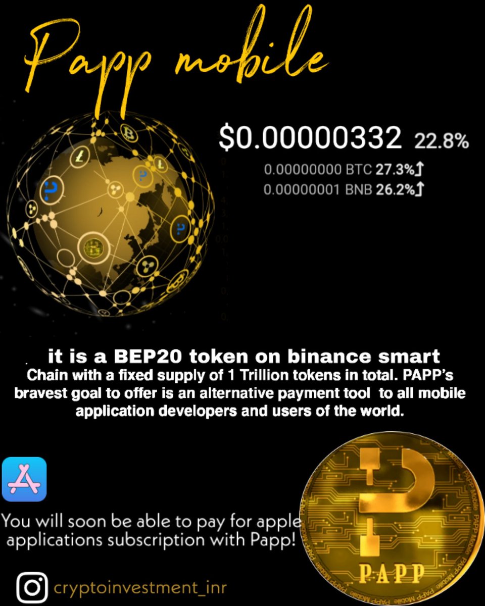 sapanpatel2030's tweet image. We will soon be able to pay for @Apple application subscriptions with @PappMobile !

#pappmobile #papptoken 
#cryptocurrency #Crypto #CryptoNews #cryptotwitter #cryptocurrencies
