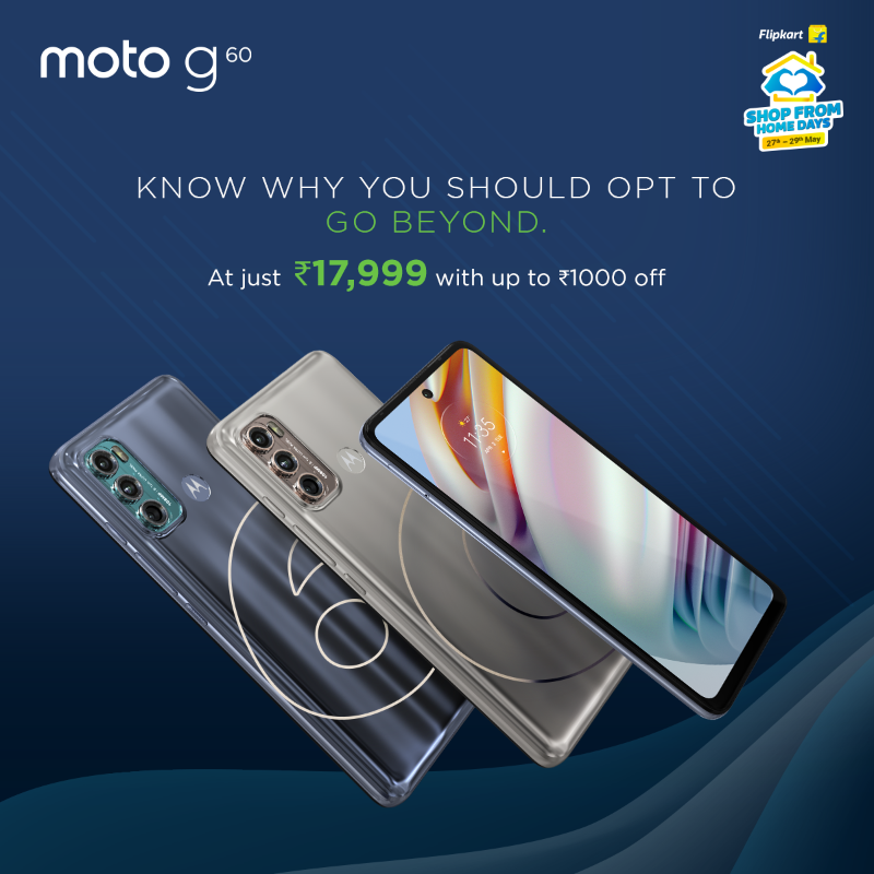 motorolaindia's tweet photo. Here's another chance for you to #GoBeyond with #motog60's most affordable rear 108MP + Highest 32MP Selfie Camera, SnapdragonTM 732G & more! Head to @Flipkart's #ShopFromHomeDays sale to avail instant 10% off using HDFC bank credit cards & EMI transactions.