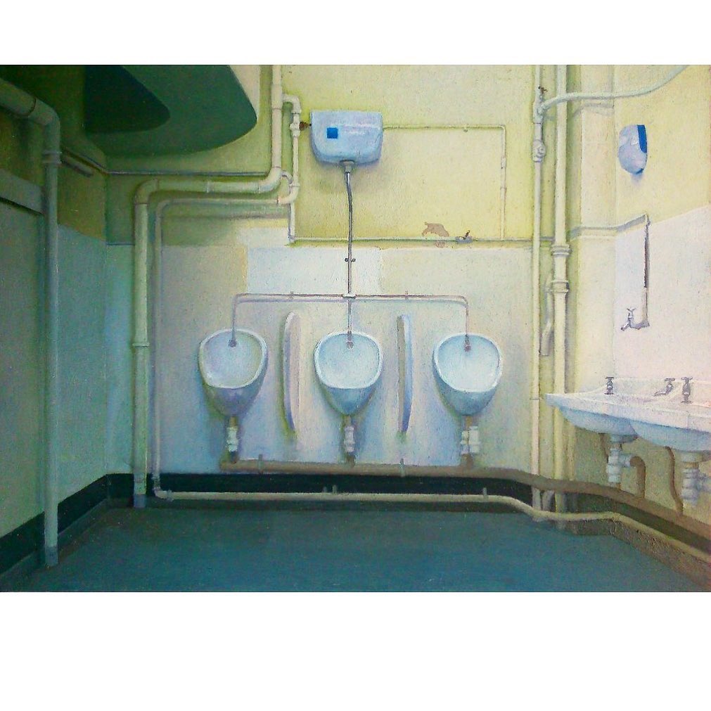 DeltaHStudios's tweet photo. ‘Stumbled across this online; a painting of mine that I had no decent visual record of before. ‘Three Graces’, oil on wood panel, c. 2015.’ @thomas__doran
.
.
#stmartinscollege #toilets #plumbing #contemporarypainting #lavatory #3graces #art #artist #deltahousestudios #london https://t.co/9I1uLooyol