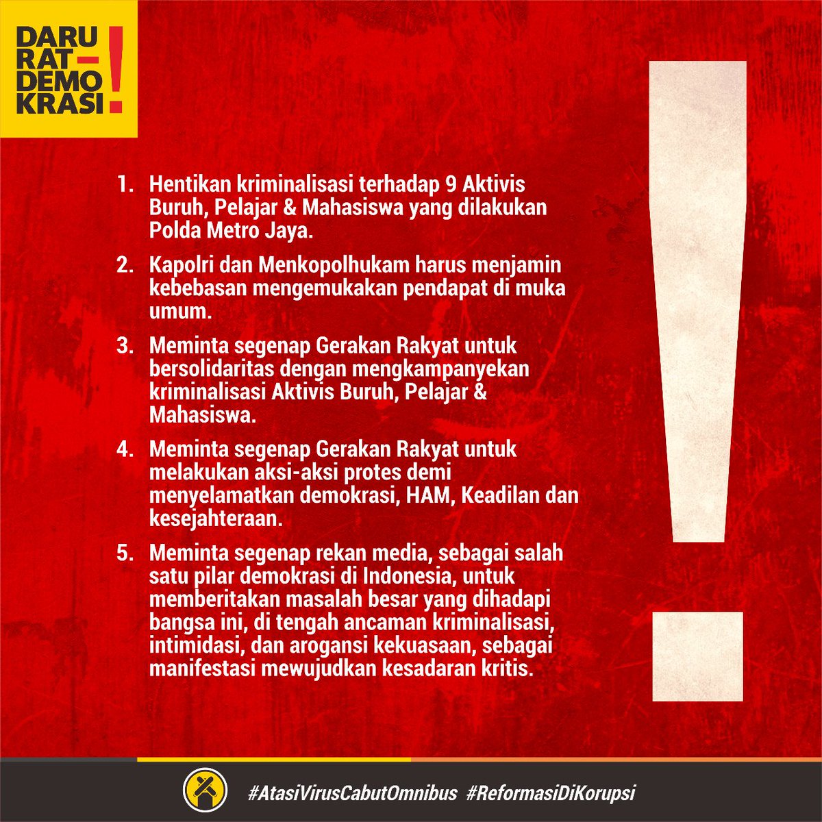 KasbiIndo's tweet photo. #CabutStatusTersangka #BebaskanKawanKami #RezimAntiDemokrasi #ReformasiDiKorupsi #DaruratDemokrasi #MosiTidakPercaya https://t.co/3LY5vqisGe