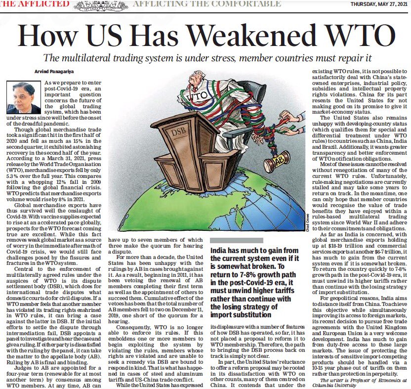 WTO settles trade disputes between countries just as domestic courts settle civil disputes. But USA has blocked appointments to Appellate Body (AB), the final arbiter at WTO. With only two judges left, AB is now dysfunctional &amp; can no longer settle disputes.