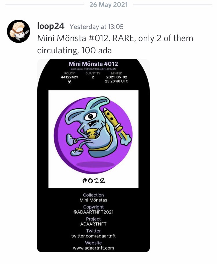 Someone selling their Mini Mönsta #012 over on our Discord channel! 👀 #CNFT #Cardano #CardanoNFT