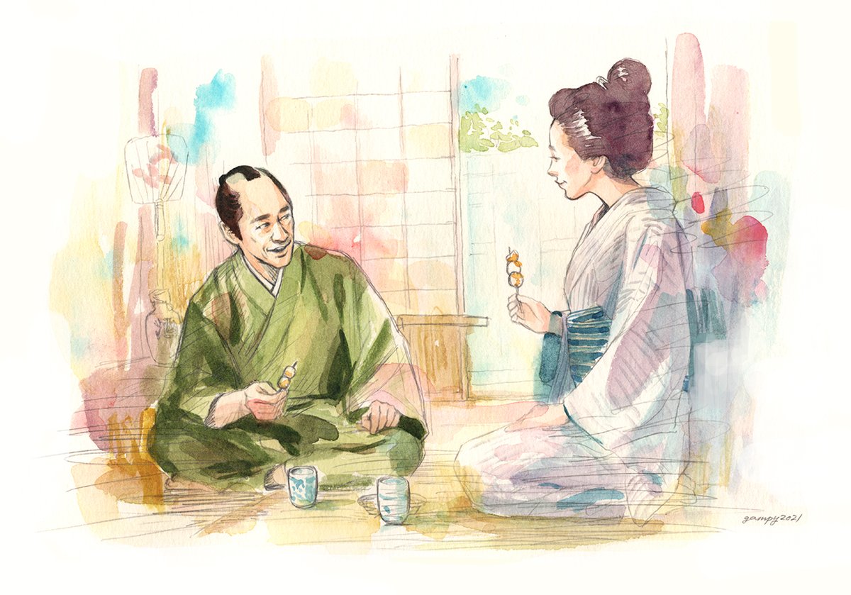 「円四郎(堤真一さん)とやす(木村佳乃さん)。ずっと一緒にいられたらよかったのに。」|ganpukuのイラスト