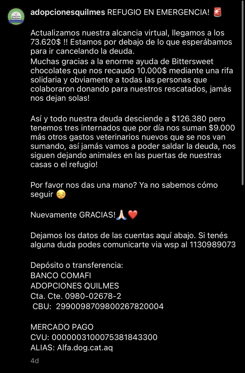 gptcrosa's tweet photo. Necesito un favor.
Esta gente de Quilmes rescata animales y tienen deudas (vetes que pagan de su bolsillo). Acá está el mercado pago: https://t.co/RZvIwEwqt5

✨ Por cada peso que pongan ustedes yo pongo lo mismo (up to 70k), me responden con el screenshot de mercado pago acá ✨ https://t.co/Ag0Z3GsQQe