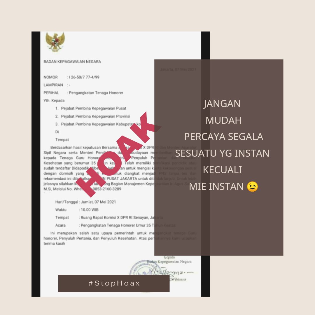 BKNgoid's tweet photo. #SobatBKN, mimin ingatkan lagi ya....
Kalo klian menemukan informasi semacam ini JANGAN LANGSUNG PERCAYA!!!
Lakukan konfirmasi atau kunjungi pusat informasi dr Instansi yg namanya tertera pada surat tersebut.

#StopHoax
#JarimuHarimauMu 
#BKNSemangatUntukNegeri https://t.co/oQQNNSCyDL