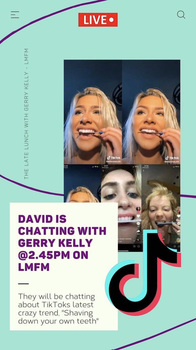 Tune into <a href="/LMFMRADIO/">LMFM RADIO</a>’s  late lunch from 2.30 today where Dr David Murnaghan will be chatting to Gerry Kelly about the impact the Covid pandemic has had on people’s general dental health, as well as the worrying Tik Tok trend where people shave their teeth with files at home 🦷