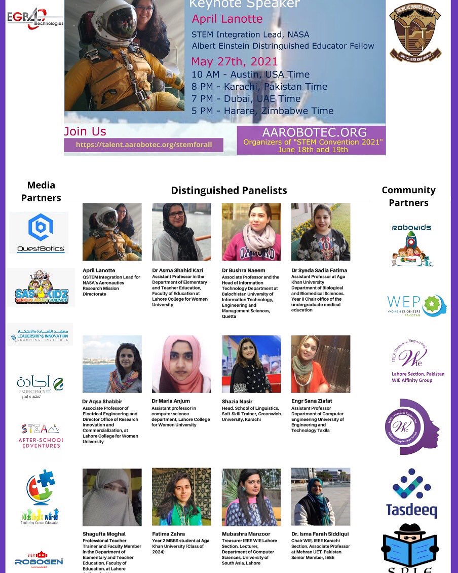 Join us today to hear from Women in STEM Careers about their views on how to make STEM accessible for all. 1 hour panel discussion on May 27, 2021 at 10 am Houston, 8 pm Pakistan time. Join Zoom meeting: lnkd.in/eJ2CWzs Join our community to play role in inclusivity.