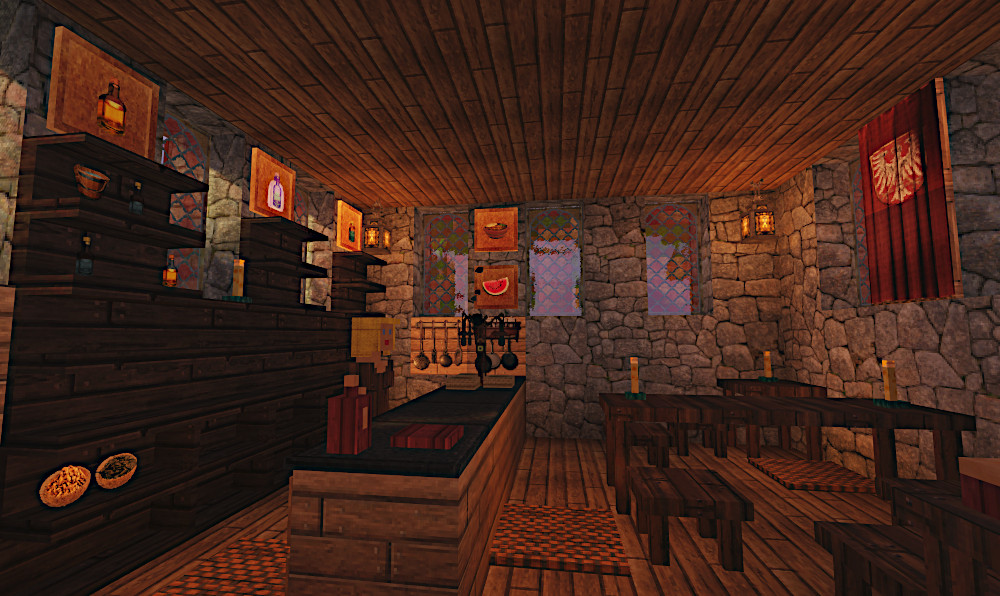 The "Ales Inn" in Esford, outside the hostel, inside downstairs (the pub) and upstairs (the dormitory)... #Minecraft #Winthor