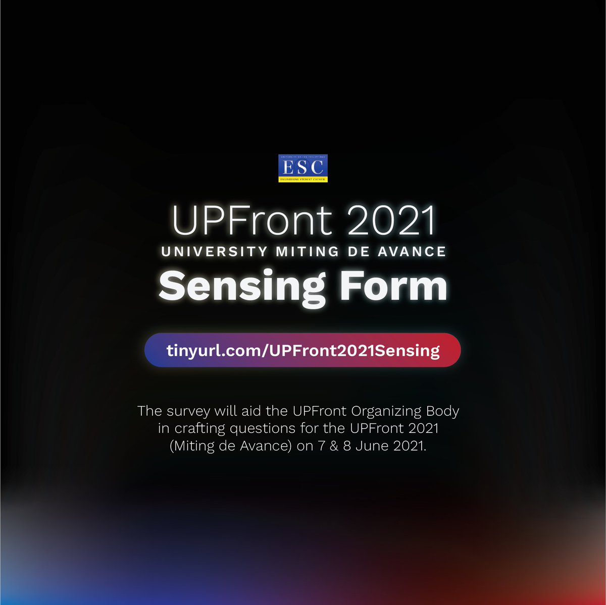 The organizers of UPFront 2021 are asking for your thoughts to help craft questions for the upcoming UPFront Miting de Avance on June 7 and 8, 2021. You may access the form at tinyurl.com/UPFront2021Sen….

#HalalanUPD2021