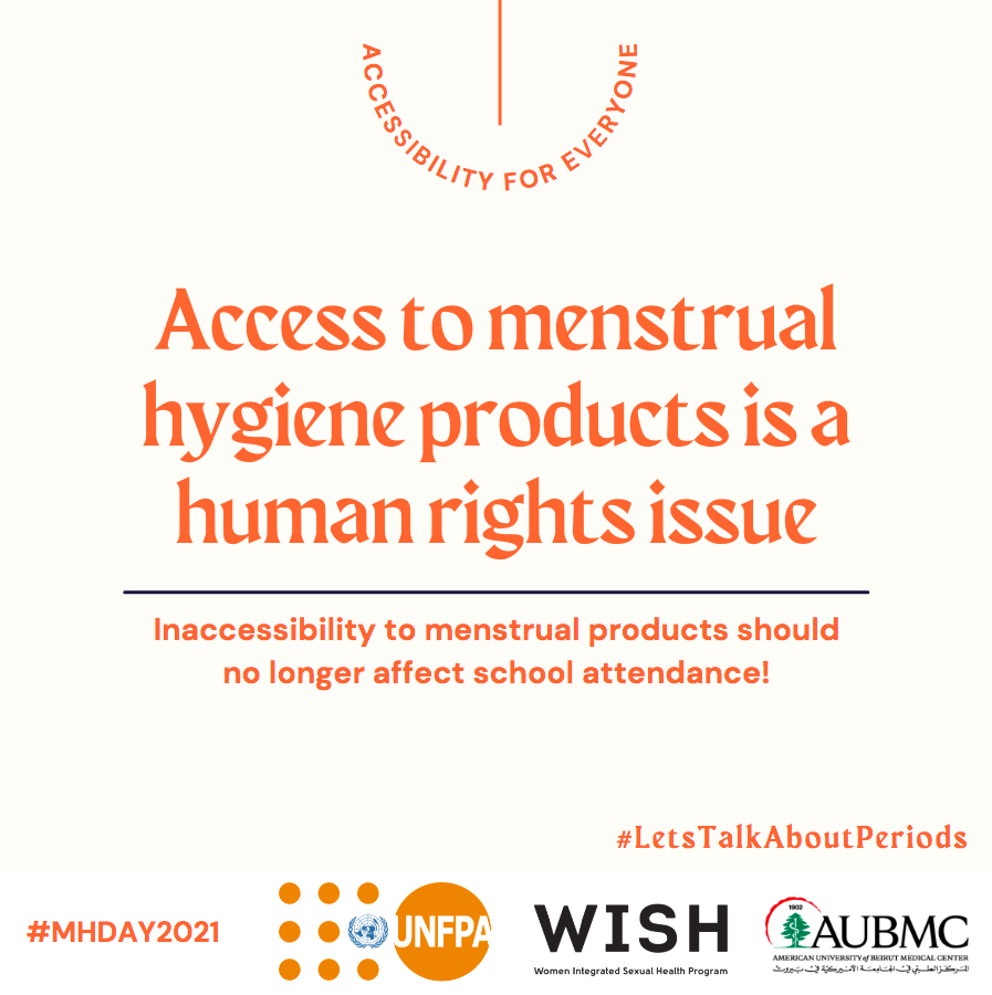 UNFPALebanon's tweet photo. Inaccessibility 2menstrual products should no longer interrupt young girls from taking part in daily activities such as #Education. This raises social, cultural, &amp;religious norms. Let us make some girls go to school when they menstruate. 
#LetsTalkAboutPeriods #MHDay2021 https://t.co/gUkoaYYUo4
