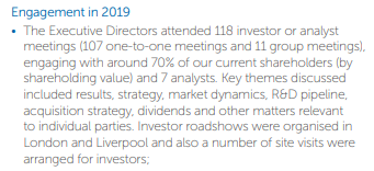 At what point does 'Shareholder engagement' become too much of a distraction from running a business? 

118 analyst meetings in a year?