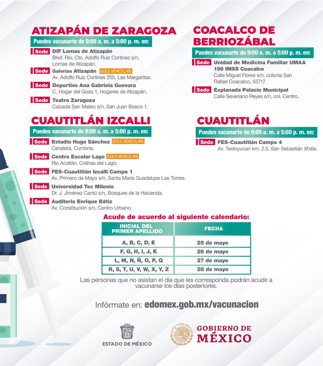 Proteccion Civil Del Estado De Mexico En Los Municipios De Atizapandezaragoza Coacalco Cuautitlanizcalli Y Cuautitlan La Aplicacion De La Primera Dosis Contra Covid 19mx Continua A Adultos De 50 A 59