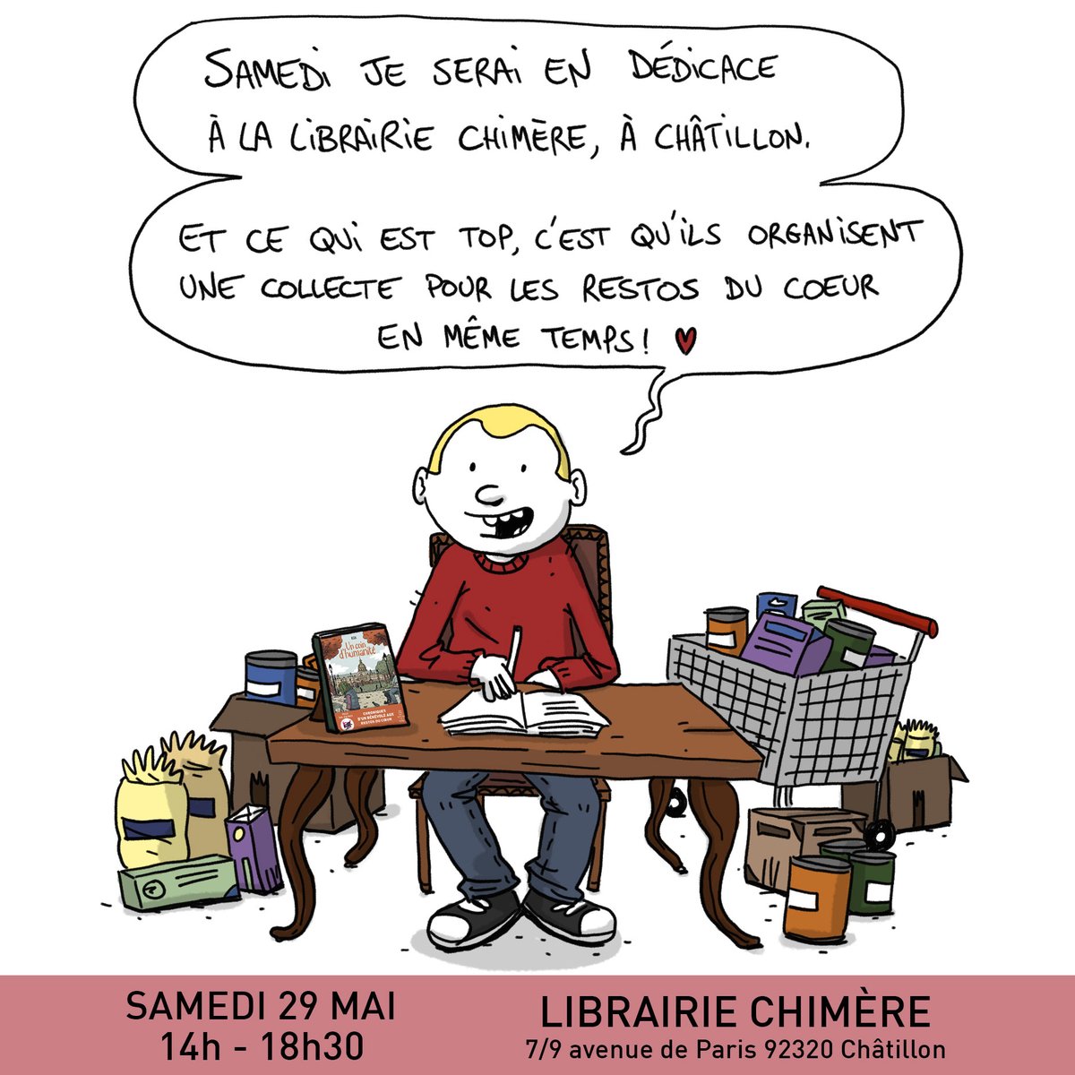 kek_zanorg's tweet photo. À samedi ! N'oubliez pas vos conserves et autres paquets de pâtes :) @LibrairieChimr1 https://t.co/UlWZ62bvU3