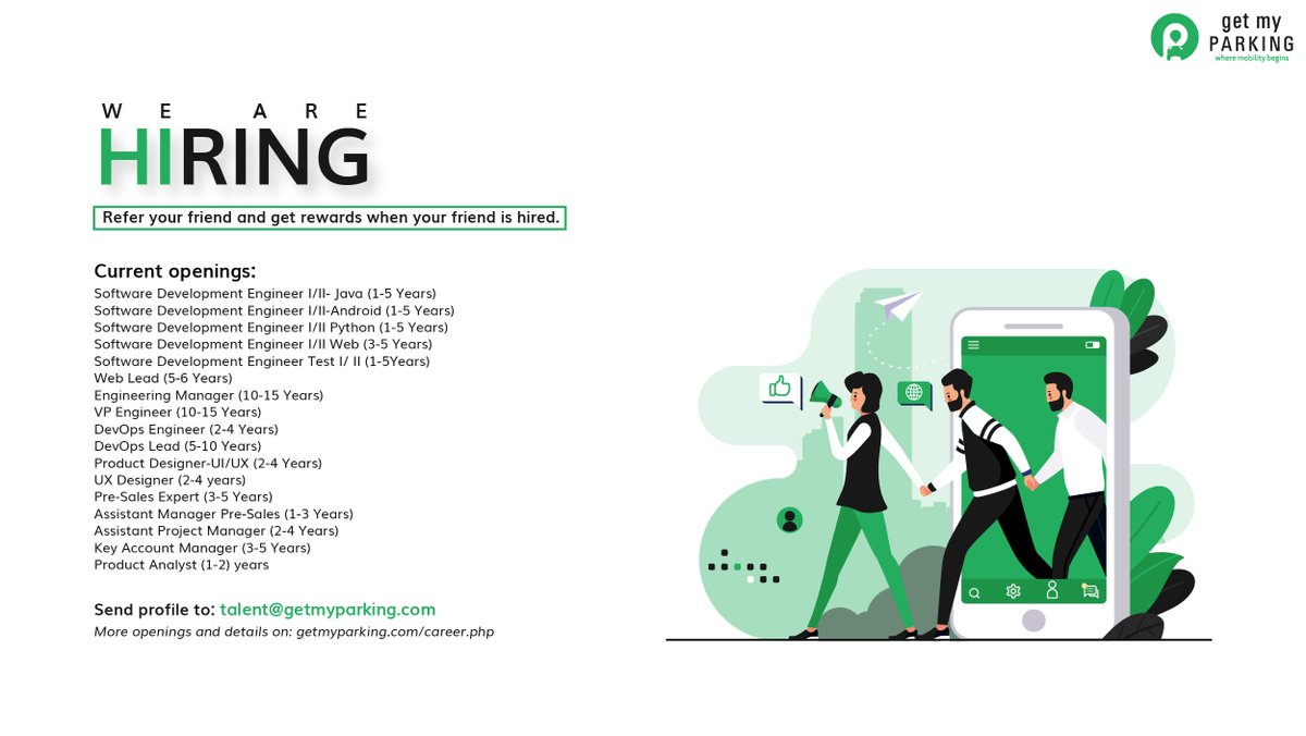 📢 We are #HIRING across teams and roles. Our team is our core strength and we are looking for driven, talented, and agile people. 

Apply now or #refer awesome people: getmyparking.com/career.php 🚀