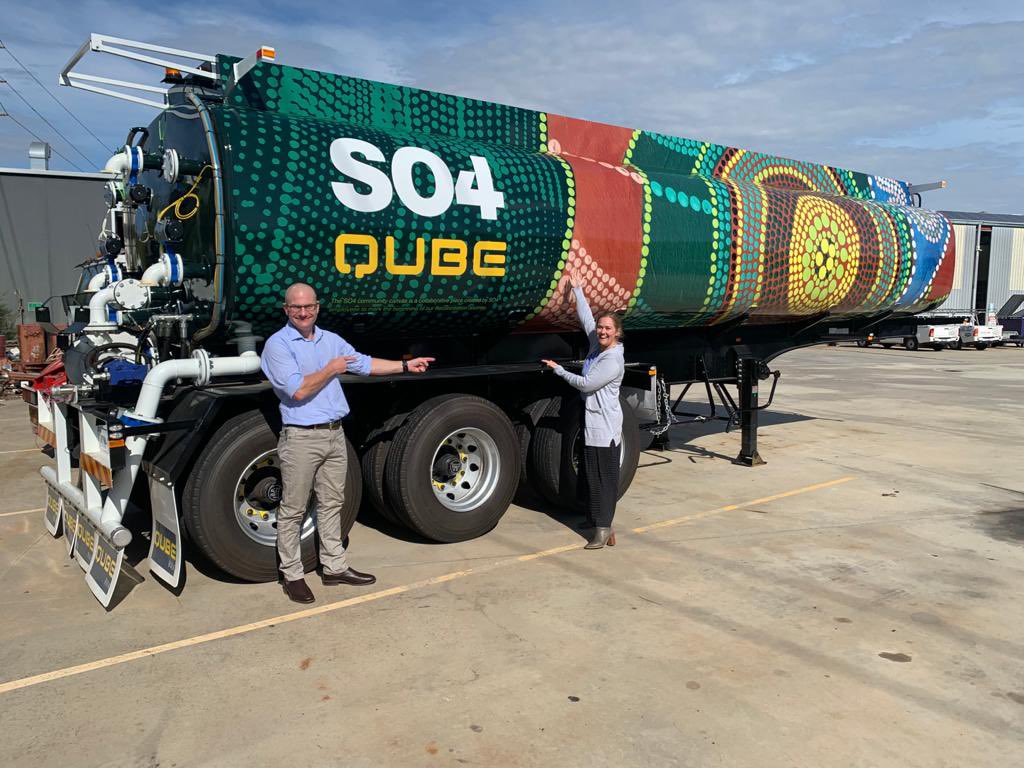 TonySwiericzuk's tweet photo. Reconciliation Week starts today. SO4 proud to celebrate by promoting commitment to working with employees &amp; local Aboriginal Communities.  Partnering with Qube to showcase our community artwork on their Lake Way water tanker! #sustainability #reconciliationweek @so4_asx #wiluna https://t.co/J8v4RSX2u9