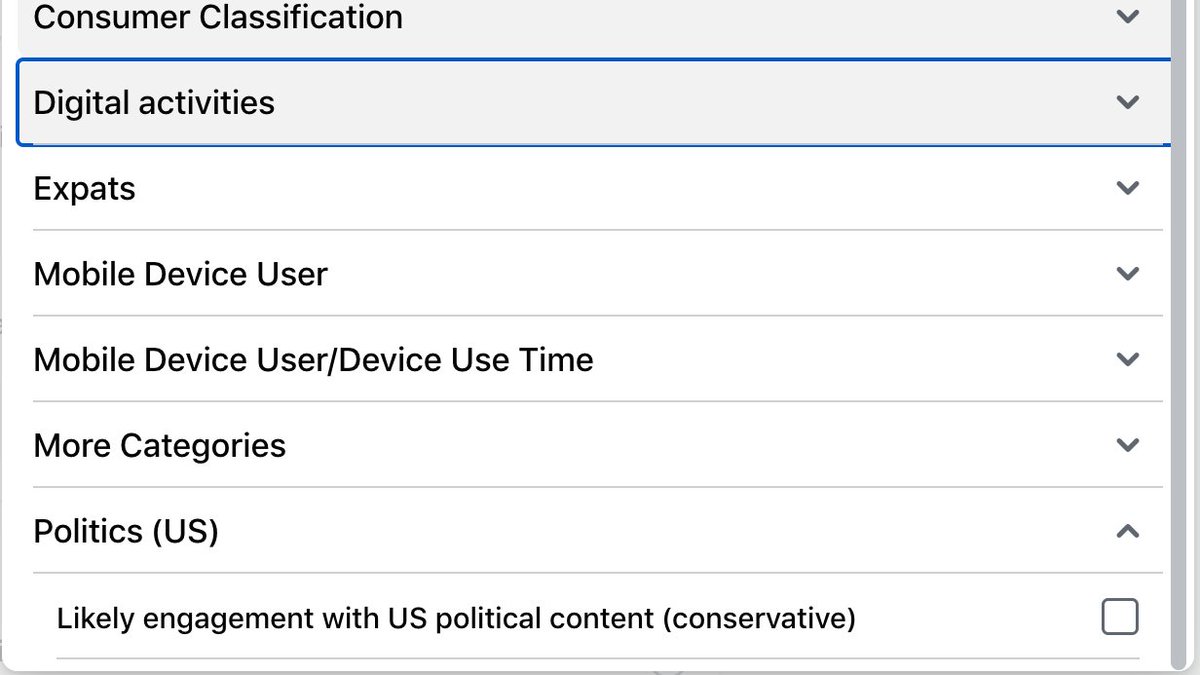 facebook's ad targeting is hilarious. If you want to target US political interest, there's only one option.