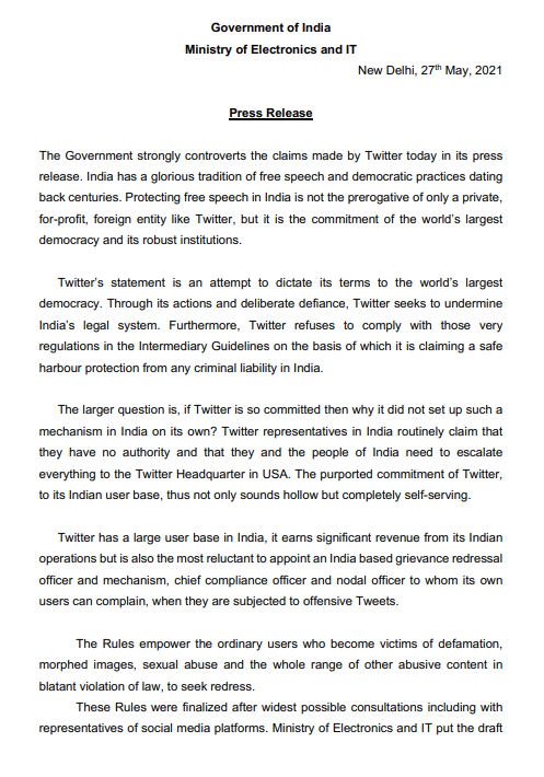 ANI's tweet photo. Twitter’s statement is an attempt to dictate its terms to the world’s largest democracy. Through its actions and deliberate defiance, Twitter seeks to undermine
India’s legal system: Ministry of Electronics and Information Technology https://t.co/WyGumYToYv