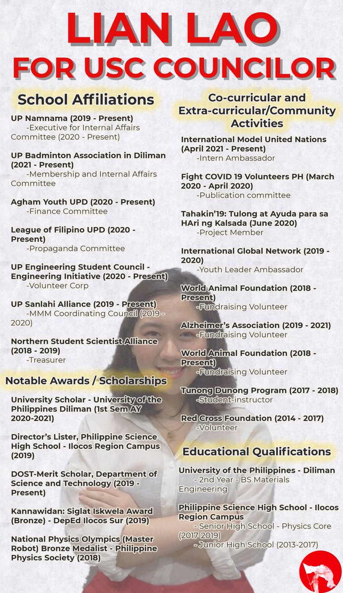 STANDwithLIAN's tweet photo. ✋📢TARA! Ating kilalanin ang ating susunod na USC Environmental Concerns Councilor mula sa Kolehiyo ng Inhinyeriya na si LIAN LAO ‼️

Para sa malayang pamantasan at bayan, para sa siyentipiko at makamasang pag-unlad, #StandUpTogether!

#iLaoNgKinabukasan
#DefendUP https://t.co/qqwNGE8ZZ8