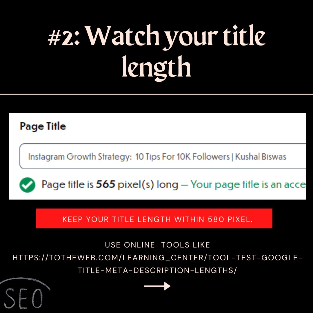 kushaltalks's tweet photo. SEO title tag best practices.

Page title is one of the most important factors of ranking in Google.

So, you must make it right.

#seotips #seoindia #digitalmarketingtips #digitalmarketingindia
#onpageseo #seo #digitalmarketing https://t.co/5R48hCeI0Q
