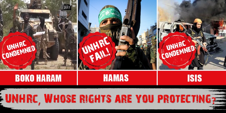 2014: UNHRC condemns terrorist organization #ISIS.

2015: UNHRC condemns terrorist organization #BokoHaram.

2006-2021: WHERE is the <a href="/UN_HRC/">UN Human Rights Council 📌 #HRC59</a>'s condemnation of #Hamas?