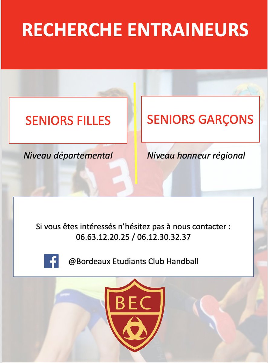 📢 Recrutements Seniors ESMVB 🔴🟡

🤾‍♂️ Nos seniors recrutent et sont à la recherche de nouvelles pépites pleines de bonne humeur pour la saison 2021-2022 de #Handball :
- Départemental féminine
- Honneur régional Masculine

On compte sur vous ! ⬇️ 
#WANTED #Bordeaux #RT