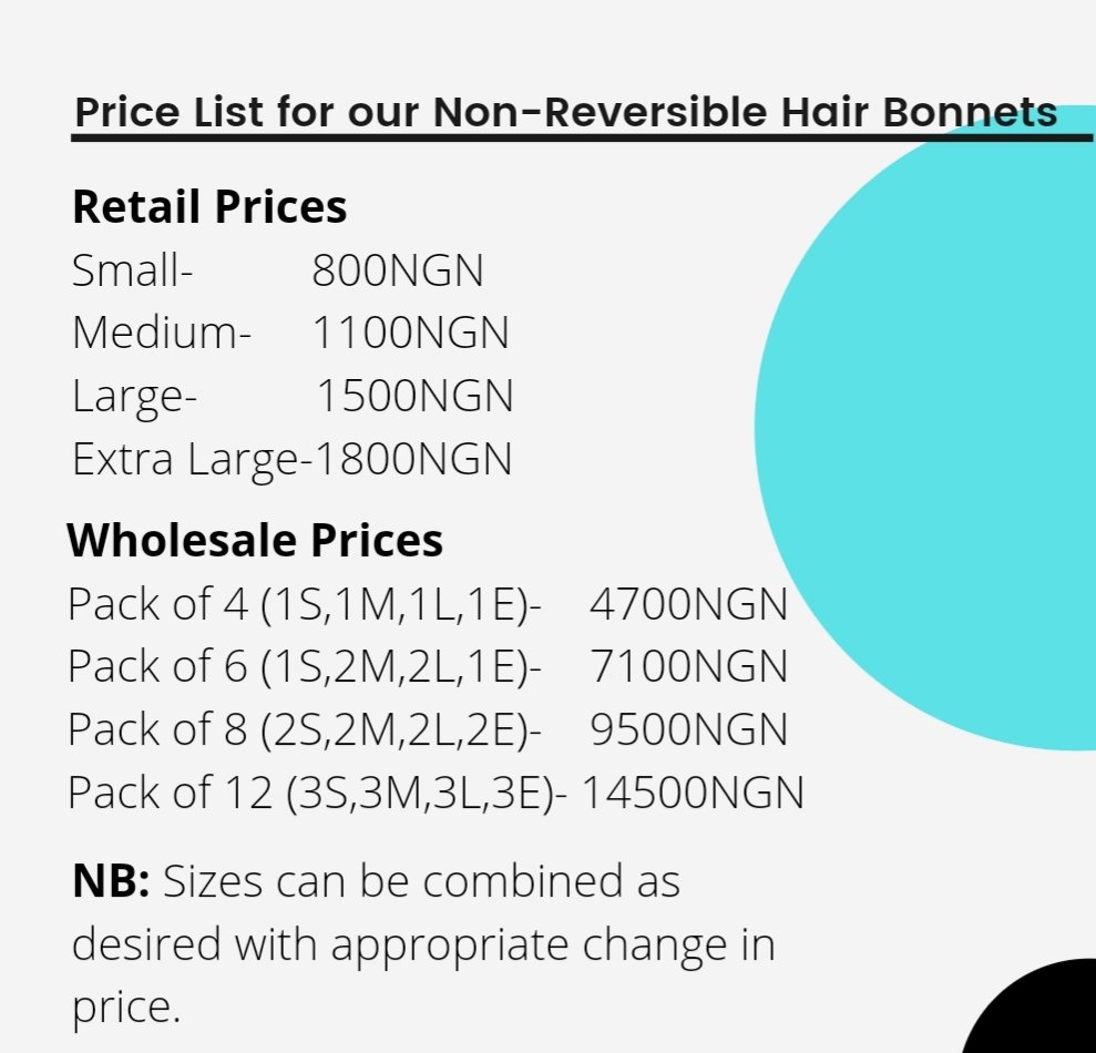IOT_SandC's tweet photo. See price List for both Reversible and non Reversible bonnets below.

Sleep Mask goes for N1500 each.

Send a DM to place your order.
Kindly Retweet. https://t.co/0s579kiyFZ