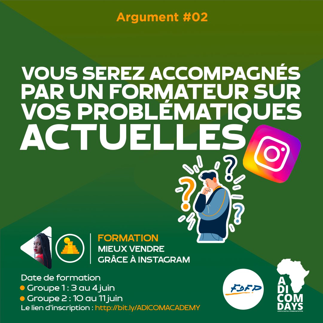 Vous cherchez à engager davantage vos abonnés et tirer pleinement profit de la plateforme Instagram ? Suivez nos formations sur comment mieux vendre grâce à Instagram avec notre experte <a href="/Tricia_crn/">TRICIA</a> 

Lieu : @seenhotels Abidjan Plateau
Info : bit.ly/ADICOMACADEMY
#ADICOMACADEMY
