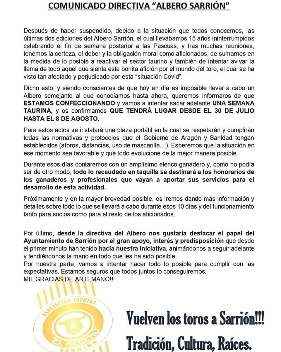 afitauro's tweet photo. 💣💥 VUELVEN LOS TOROS A SARRIÓN ‼️

Tradición. Cultura. Raíces.

Permanecer atentos, porque muy pronto desvelamos más cosas.  

 @ElAlberoSarrion https://t.co/SgF7sA4vHN