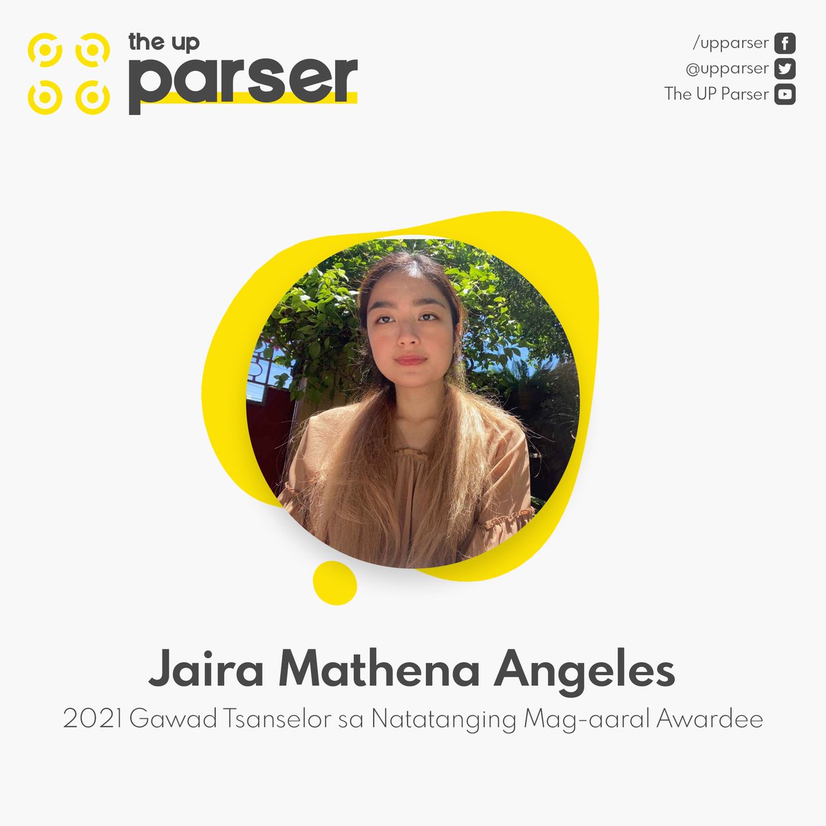 Jaira Mathena Baetiong Angeles, a fourth-year student of the Department of Computer Science, is one of the five 2021 Gawad Tsanselor sa Natatanging Mag-aaral awardees.

Source: ovcsa.upd.edu.ph/gtnm21awardees/