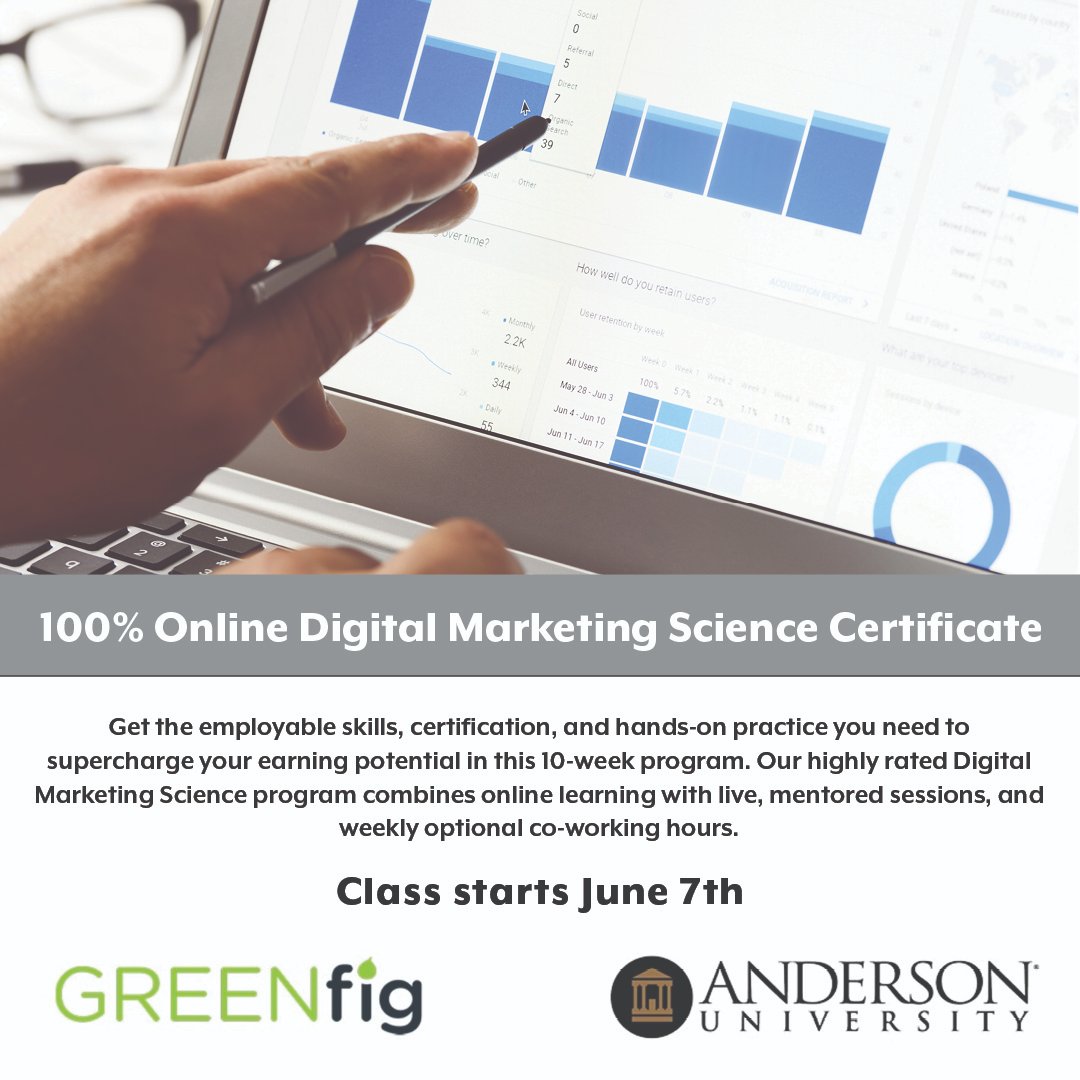 AndersonUOnline's tweet photo. Take the next step in your career development by upgrading your skills with a Digital Marketing Science Certificate. Earn this popular certificate in just 10 weeks, 100% online! The next start date is June 7th- register today.  #careeradvancement https://t.co/eD9oMGtZgk https://t.co/owaKq81jd6