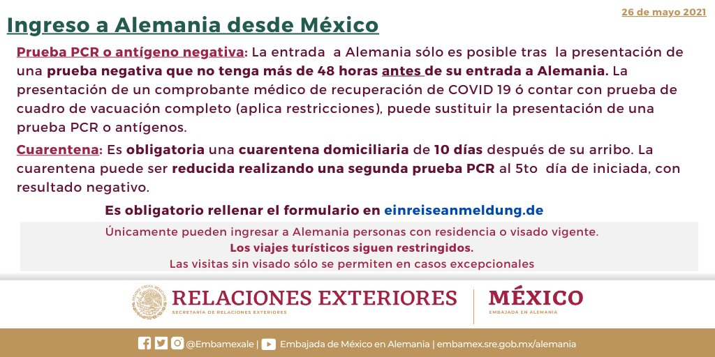 ⚠️ACTUALIZACIÓN REGLAS DE INGRESO #COVID19⚠️ 
Autoridades alemanas han modificado las reglas para el ingreso de viajeros provenientes de México.
Conozca un resumen de los detalles y las fuentes oficiales👉bit.ly/EmbamexAleCOVI…

⛔️Los viajes NO esenciales siguen restringidos⛔️