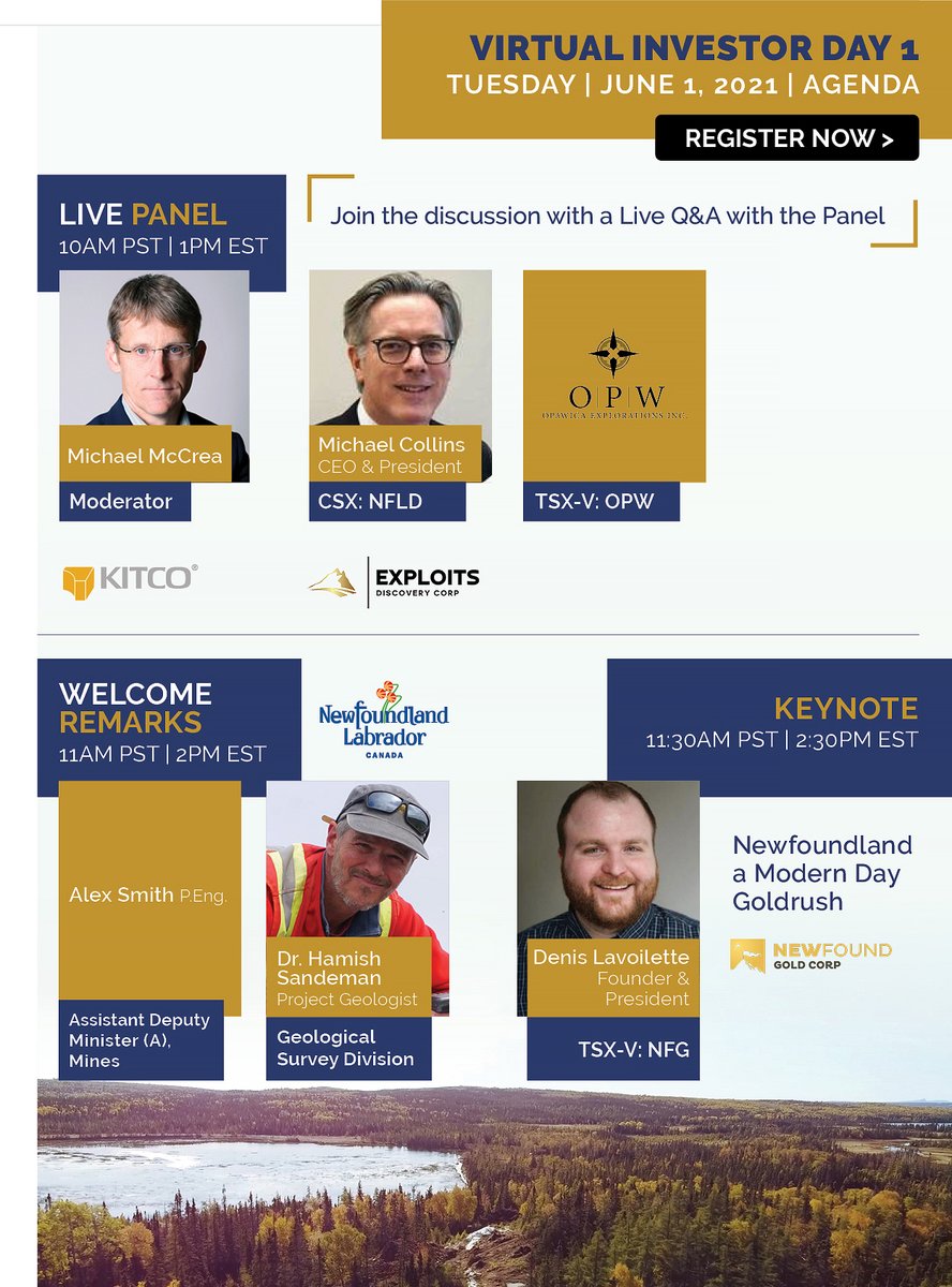 Virtual Investor Days is coming up next week on June 1-3! Find the agenda below for Day 1 of our events. 

Make sure to REGISTER NOW for June 1, 2021: bit.ly/2RGOsXy 

@ExploitsNFLD <a href="/OpawicaExplore/">Opawica Explorations</a> <a href="/newfoundgold/">New Found Gold Corp.</a> <a href="/KitcoNewsNOW/">Kitco NEWS</a> <a href="/GovNL/">Government of Newfoundland & Labrador</a>

#NFLDgold #miningindustry #investment