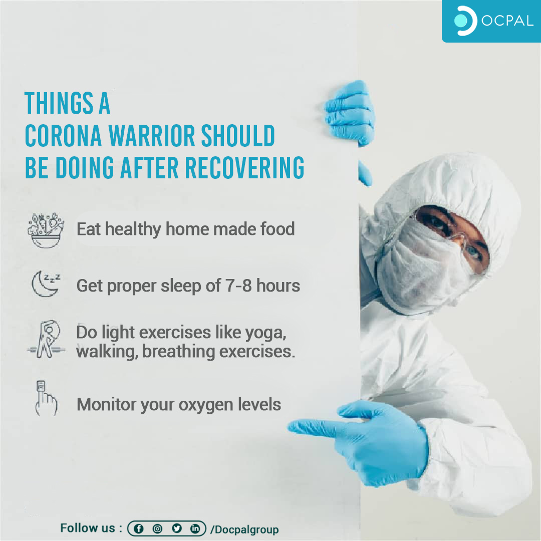 DocpalGroup's tweet photo. Even after recovering from COVID, the care should continue.
Continue to follow precautions, adhere to a healthy lifestyle, do light exercise everyday and stay home, stay safe.
.
#COVID19 #docpal #fightagainstcoronavirus #coronawarrior #careaftercorona #covidrecovery https://t.co/toqwO0I1uu