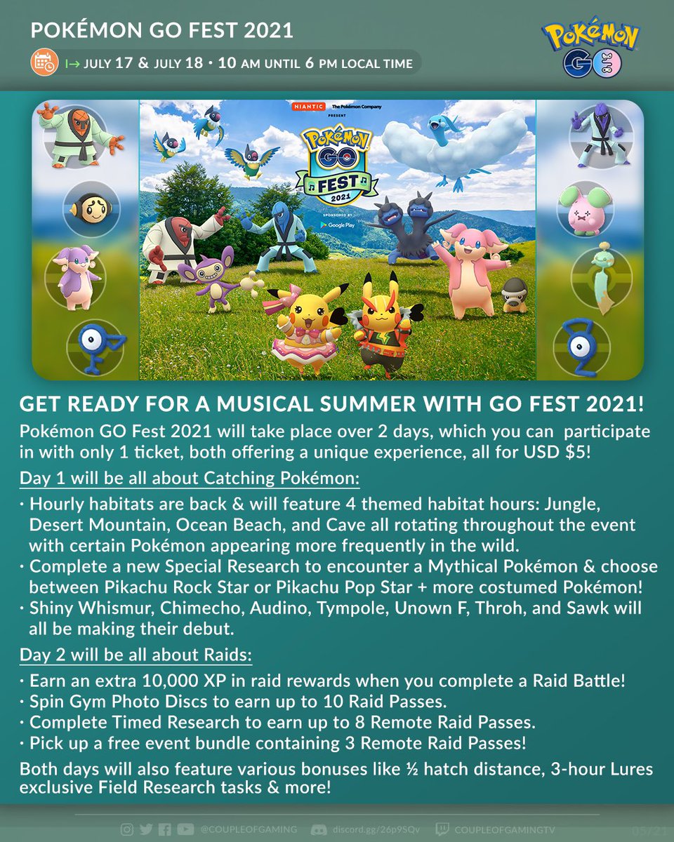 coupleofgaming's tweet photo. New information about the upcoming #PokemonGOFest2021 are here! 🎶 
5$ ticket, 7 new confirmed shinies, brand new Special Research with #PikachuRockStar &amp; #PikachuPopStar, a Mythical Pokémon and more! 🎤 

Full blogpost here:
https://t.co/ITlUhSepR5

#PokemonGO https://t.co/VmhSqZJ7T1