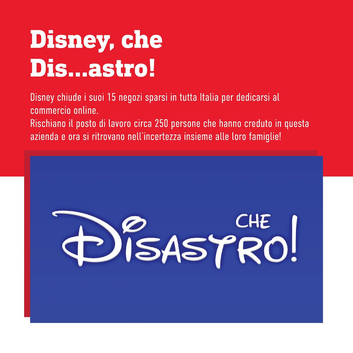 FilcamsLomb's tweet photo. DISNEY, CHE DIS..ASTRO!

Disney ha comunicato venerdì 21 maggio la chiusura di tutti i negozi in Italia.

SCIOPERO E PRESIDIO 
🗓️ SABATO 29 MAGGIO
🕙 dalle 10 alle 12.00
📍davanti al negozio Disney di Corso Vittorio Emanuele a Milano

#SiamoDoveSei
#Disney
#disneystore https://t.co/uzGvJjKl6y