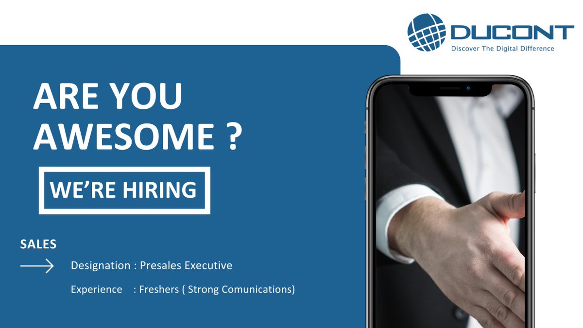 ducontsystems's tweet photo. Hiring Alert..! Presales Executive

We have opening for Presales Executive with strong Communication 

Experience : Freshers 
No of Position : 2

Anyone interested, Share your resume to karthikeyanr@ducont.com

#sales #Executive #sale #job #jobseekerssa #hired #hireme https://t.co/ItVVjfJXiI