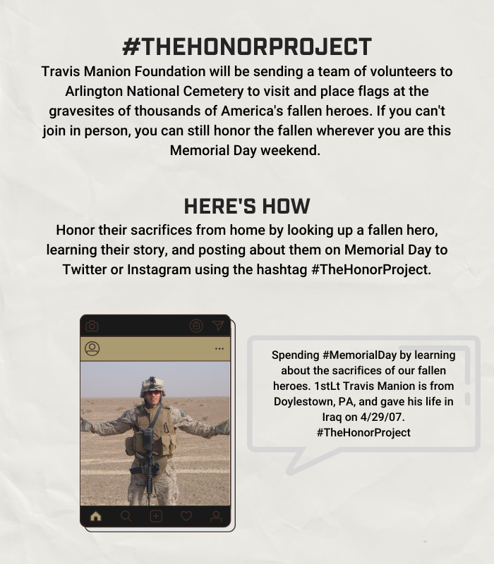 TMFoundation's tweet photo. The best way we can honor our fallen heroes is to say their names. This #MemorialDay weekend, we are counting on each and every one of you to find a fallen hero, learn their story, &amp; share on social media with the hashtag #TheHonorProject. Let’s do this. https://t.co/66jsqr3mUw
