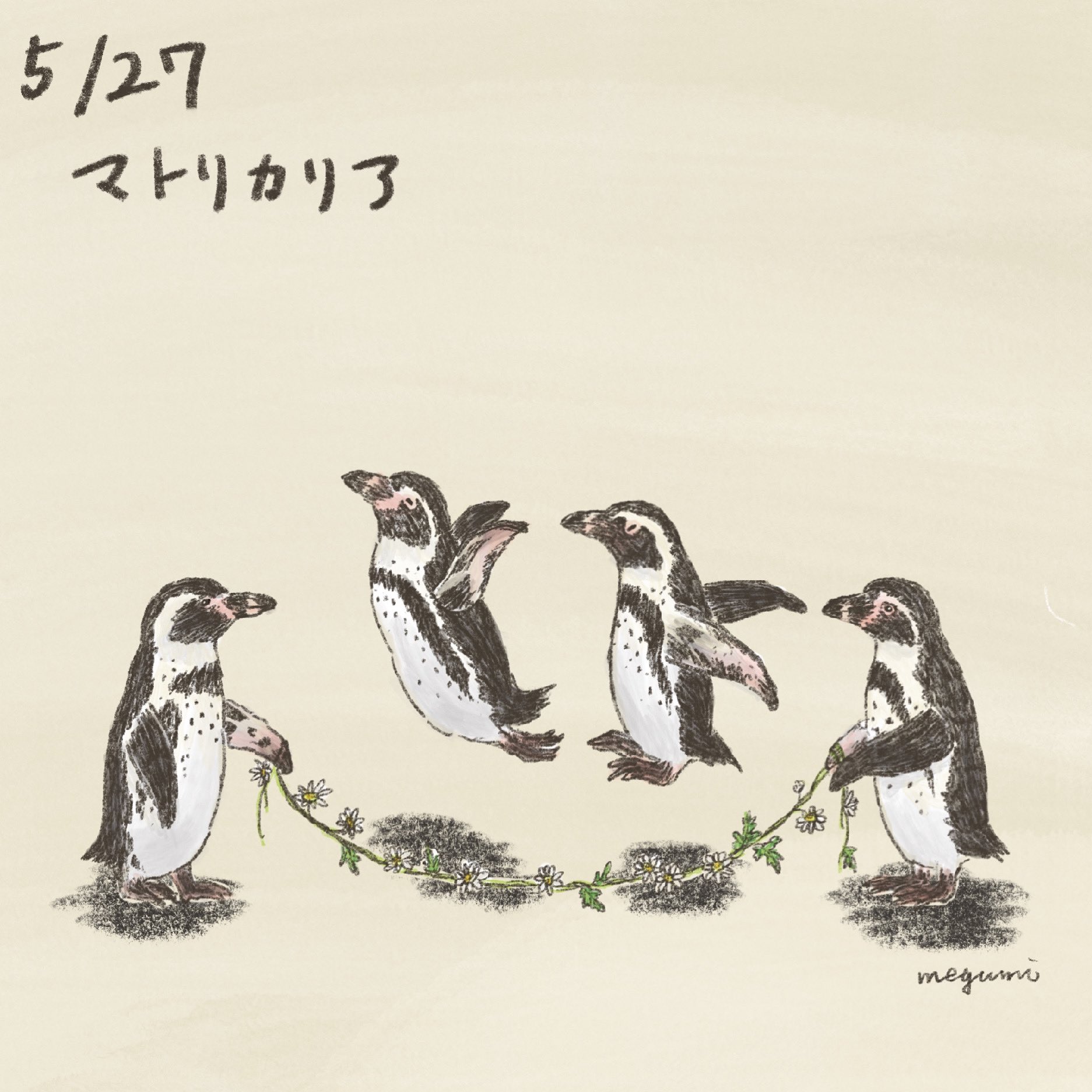 تويتر いしかわめぐみ على تويتر 飛ぶペンギン 5 27の誕生花はマトリカリアです 花言葉は集う喜び フンボルトペンギン ペンギンイラスト 絵本 挿絵 可愛いイラスト アートワーク Penguin イラストレーション 誕生花 Illustration T Co Ondrskhlol