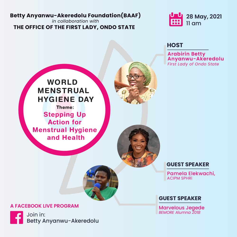 girlonproject's tweet photo. Join our discussion on World MHday themed; Stepping-up Action for Menstrual Hygiene and Health hosted by Arabinrin Betty-Anyanwu Akeredolu, the First Lady of Ondo State in collaboration with BAAF.

Guest Speakers: Pamela Elekwachi (GirlON Project)
Jegede Marvelous (Bemore Alumna) https://t.co/EW96za4eAX