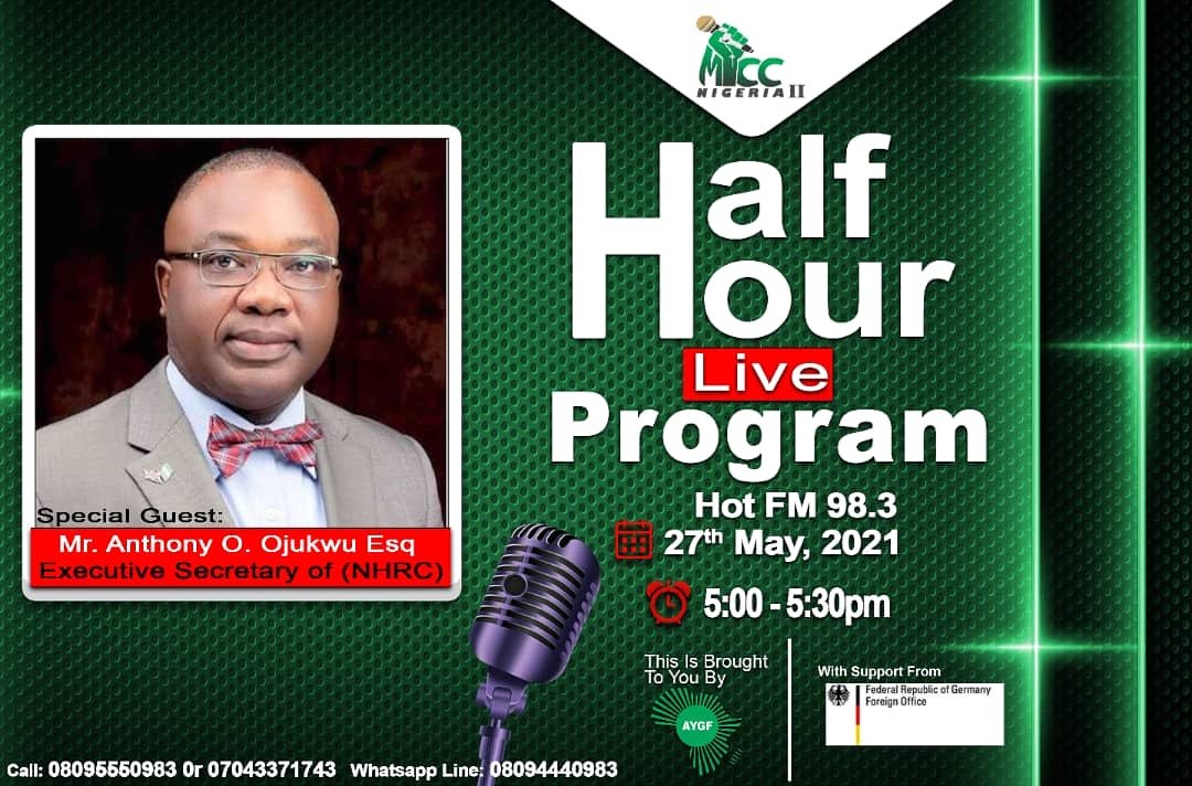 Aygf_'s tweet photo. Tune in to @hotfm_abuja let's discuss migration in relation to human rights, with our special Guest, Executive Secretary of @NhrcNigeria Mr Tony O. Ojukwu Esq.
π: 5- 5.30 pm
π: 27th May 2021
π: @HOTFM_ABUJA
#miccnigeria #stopirregularmigration #doittherightway https://t.co/Op8HhivpKB