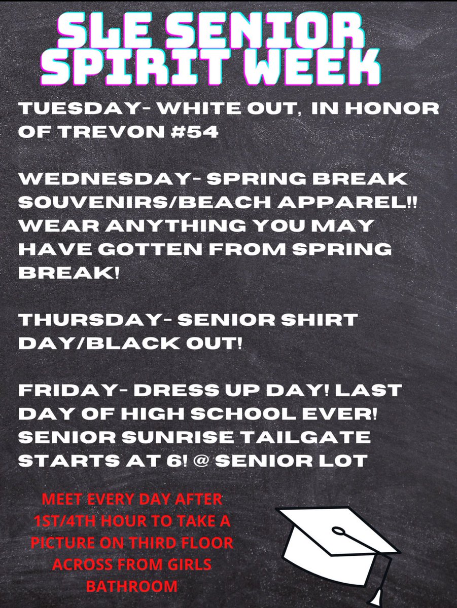 SLEStudentSec's tweet photo. SENIOR SPIRIT WEEK 4 OUR LAST WEEK‼️PARTICIPATE BECAUSE IT IS YOUR LAST ONE AS A COUG😁👨‍🎓👩‍🎓
#BeEAST #COUGSGRADUATE https://t.co/xW70XTAq0u