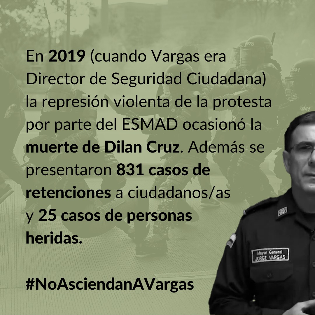 Ccajar's tweet image. ⚠En 2019 , mientras Vargas era Director de Seguridad Ciudadana, la represión violenta de la protesta por parte del ESMAD ocasionó la muerte de #DylanCruz . 

Además, se presentaron 831 casos de retenciones a ciudadanos/as y 25 casos de personas heridas. #NoAsciendanAVargas