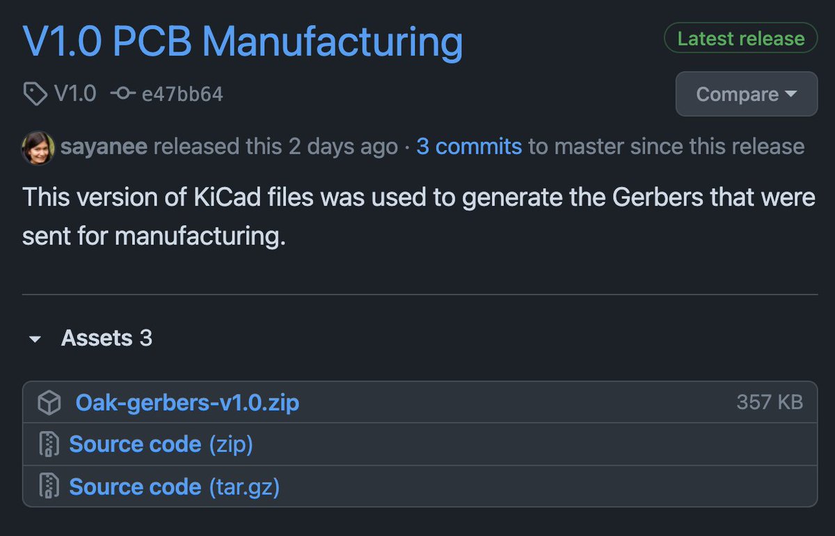 Great to see more Git for hardware. Should we check in the Gerbers generated as well? There are no right or wrong answers 🤗

I prefer to upload the Gerbers in the tag release. Example 🔗 github.com/hutscape/oak/r…

There's a related <a href="/TheAmpHour/">The Amp Hour Podcast</a> also 🔗 theamphour.com/530-living-thr…