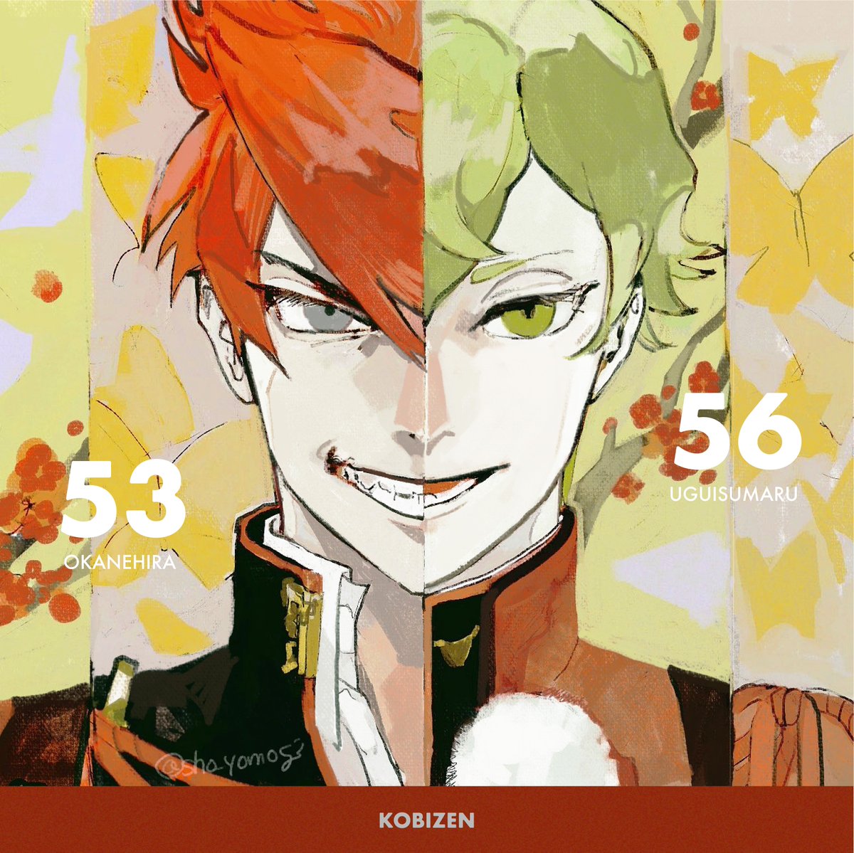 male focus green eyes smile green hair heterochromia red hair grin  illustration images