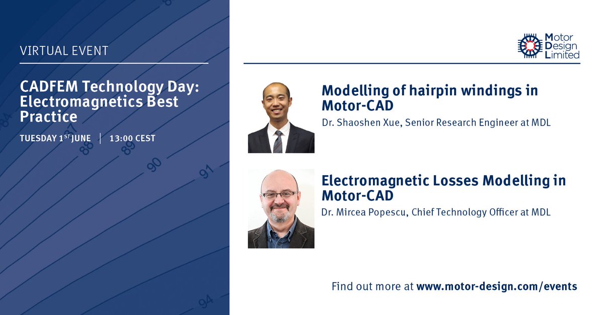 MotorDesignLtd's tweet photo. We are delighted to be presenting at the CADFEM virtual technology day dedicated to exploring best practice in electric motor design (1st June 2021). Find out more and register on the CADFEM website: https://t.co/Jqpp4of109

#MotorCAD #ev #engineering https://t.co/yjEfOOT0uK