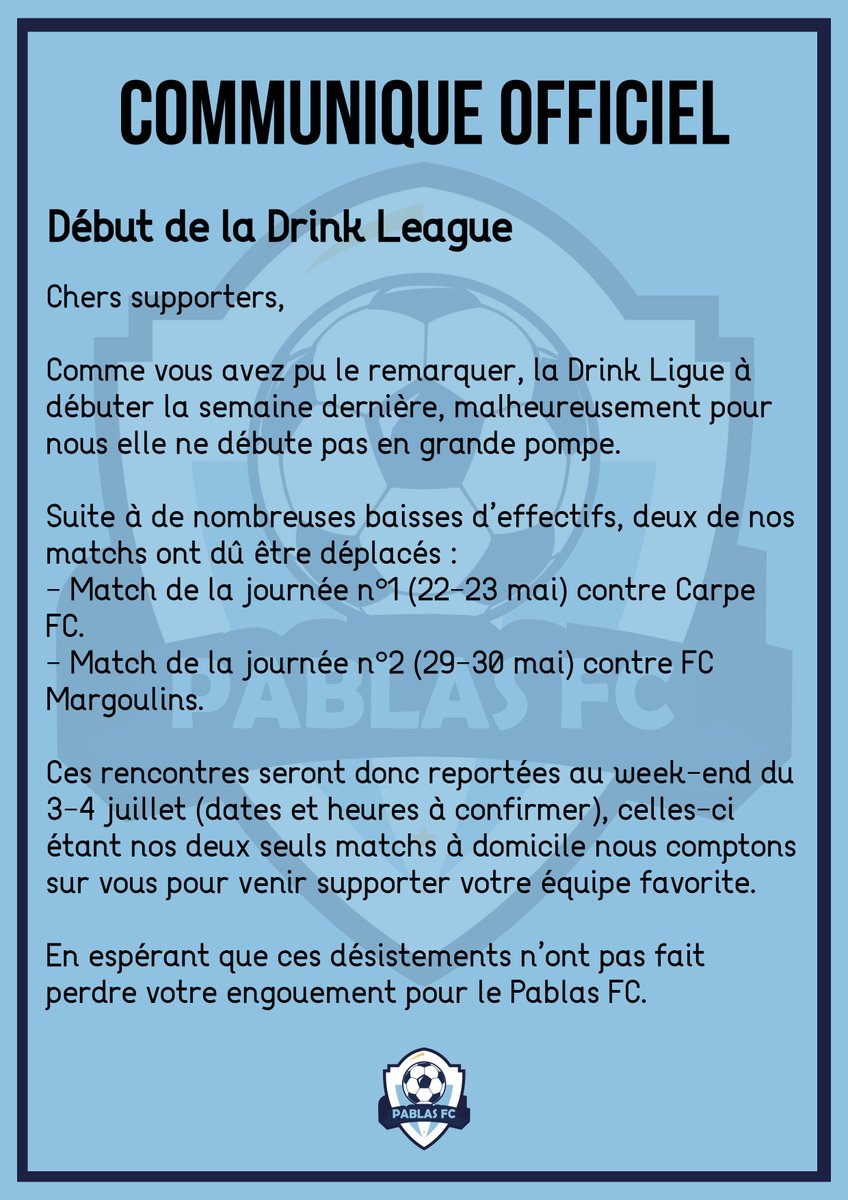 PablasFc's tweet photo. 📢COMMUNIQUÉ OFFICIEL

"Comme vous avez pu le remarquer, la Drink Ligue à débuter la semaine dernière ,[...]"

Communiqué en entier👇 https://t.co/QsxN7nZ0bk