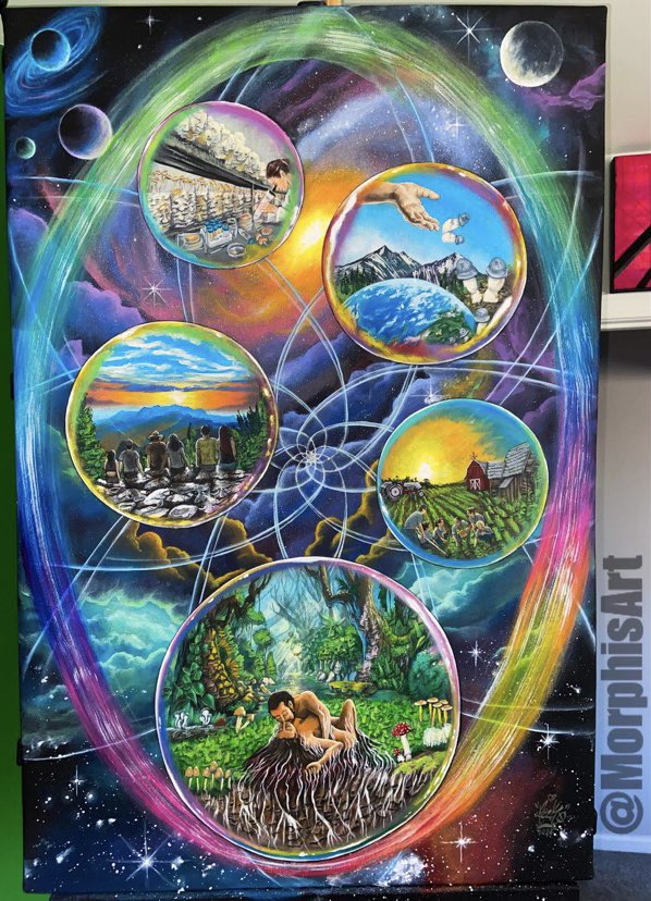 “Mushrooms Manifestation” acrylic on 24” x 36” canvas. Sold, limited prints available. Shout out to <a href="/MARKHENSONART/">Mark Henson</a> for the inspirational reference of the people making love in the bottom bubble that my client asked me to use in the commission. #mushroomop #mushroomfarming